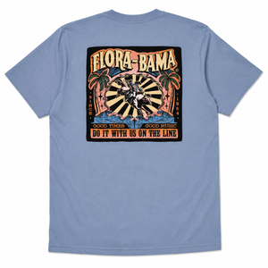 blue tshirt with a geometric pattern with a bull rider and palm trees