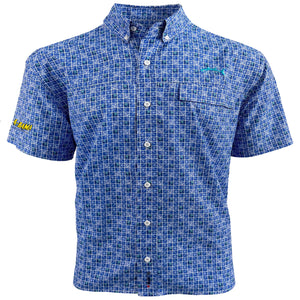 blue checkered button up collard shirt with flora bama logo on the right sleeve