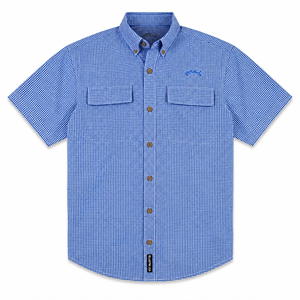 Blue checkered shirt with button details on a white background