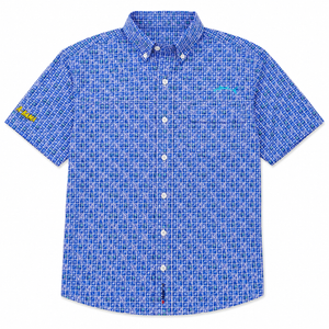 Blue checkered shirt with brand logo on a white background