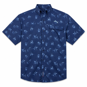 Blue shirt with white marlin pattern on a white background