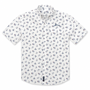 White shirt with small blue pattern on a white background