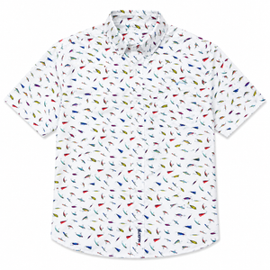 Short-sleeve shirt with colorful fishing lure pattern on a white background