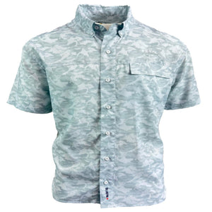 gray and white light camo pattern on button up collard shirt