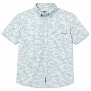 Short-sleeve button-up shirt with a subtle pattern on a white background