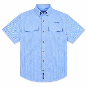 Blue checkered short-sleeve shirt with button details on a white background