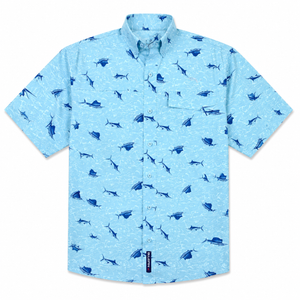 Light blue shirt with blue marlin pattern on a white background