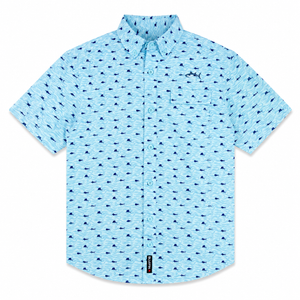 Light blue short-sleeve shirt with small pattern on a white background
