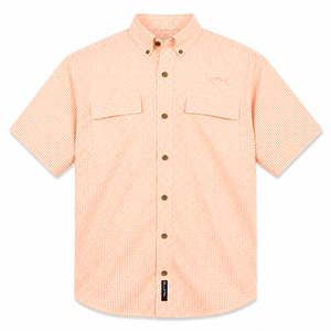 Short-sleeve checkered shirt with button details on a white background
