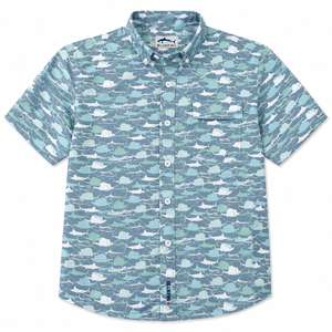 Short-sleeve shirt with marlin pattern on a white background
