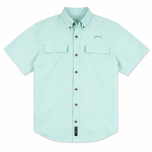 Light blue checkered shirt with brown buttons on a white background