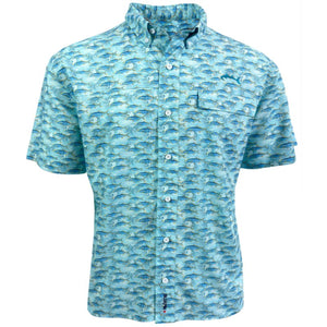 teal button up collard shirt with yellow fin tuna fish pattern