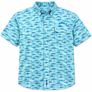Blue short-sleeve shirt with fish pattern on a white background