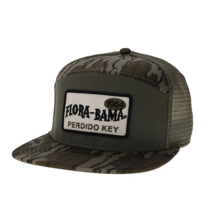 camo hat with green mesh back and green front with white patch and black flora bama logo