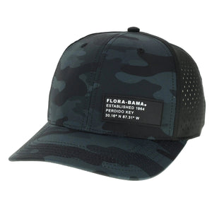 A black and blue camouflage Flora-Bama cap with black patch on lower front left corner.