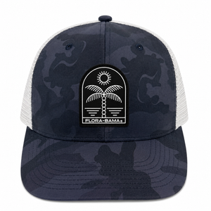 blue camo hat with black and white palm tree patch