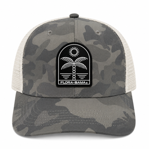 gray camo hat with black and white palm tree patch