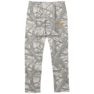 Camouflage-patterned pants with a brand logo on a white background