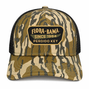 Camouflage cap with 'Flora-Bama' logo on rectangle black patch