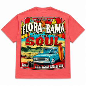 Red t-shirt with 'Flora-Bama' graphic design featuring a vintage car and surfboard.