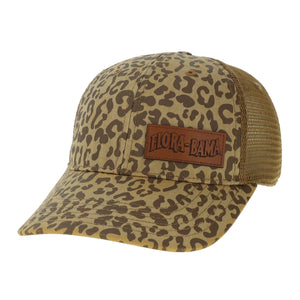 light and dark brown leopard print patterned cap with a leather patch with flora bama logo
