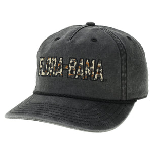 black denim hat with flora bama in leopard print on the front