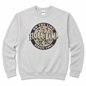 gray sweatshirt with camo circle on the front with flora bama logo