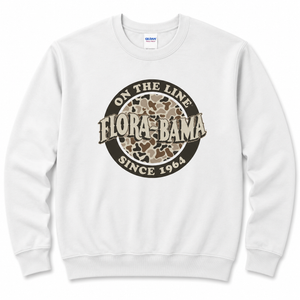 White sweatshirt with 'Flora-Bama' logo in a camo circle