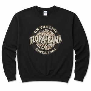 black sweatshirt with camo circle and flora bama logo