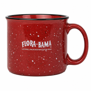 Red speckled mug with 'Flora-Bama' logo 