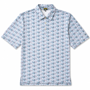 Patterned collard shirt with flora bama boat, florida, alabama, and bushwackers