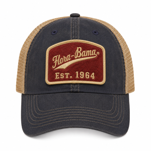 blue denim hat with mesh tan backing, flora bama text on front with red patch