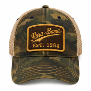 Camouflage hat with 'Flora-Bama' text on a brown patch