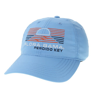 blue hat with white flora bama text and red and blue lines