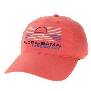 coral hat with black flora bama text and white and blue lines