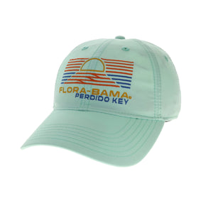 teal green hat with tan flora bama text and red and blue lines