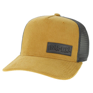 yellow cordorouy hat with gray mesh back and gray leather flora bama logo patch