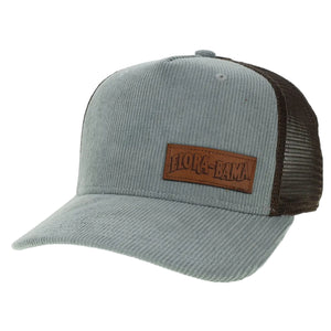 blue cordorouy hat with brown mesh back and brown leather flora bama logo patch