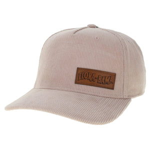 pink cordorouy hat with brown leather flora bama logo patch