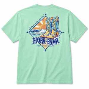 Light green t-shirt with a graphic design of cowboy boots and text on a white background