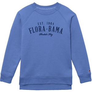 blue fleece crew sweatshirt with 'FLORA-BAMA Est. 1984' printed on the front.