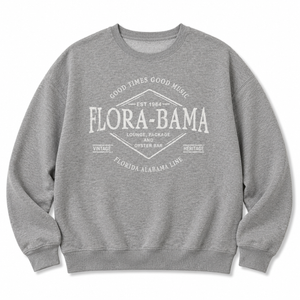 gray sweatshirt with diamond design flora bama text 