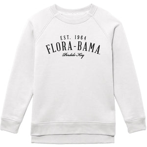 White fleece crew sweatshirt with 'FLORA-BAMA Est. 1984' printed on the front.