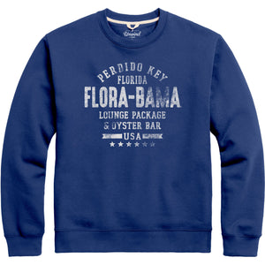A blue crew neck sweatshirt with 'Flora-Bama' text printed on the front.
