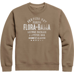A tan crew neck sweatshirt with 'Flora-Bama' text printed on the front.
