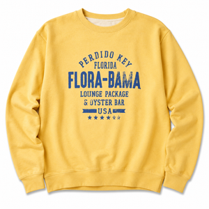 Yellow sweatshirt with blue text on a white background