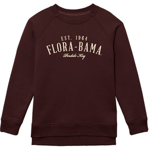 maroon fleece crew sweatshirt with 'FLORA-BAMA Est. 1984' printed on the front.