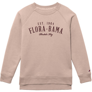 pink fleece crew sweatshirt with 'FLORA-BAMA Est. 1984' printed on the front.