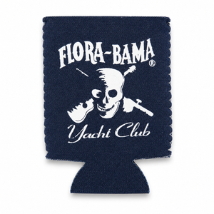 denim koozie with flora bama yacht club skull and crossbones