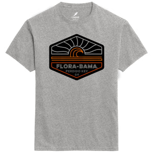 A gray t-shirt with a graphic wave print on the front that includes the text 'FLORA-BAMA' 